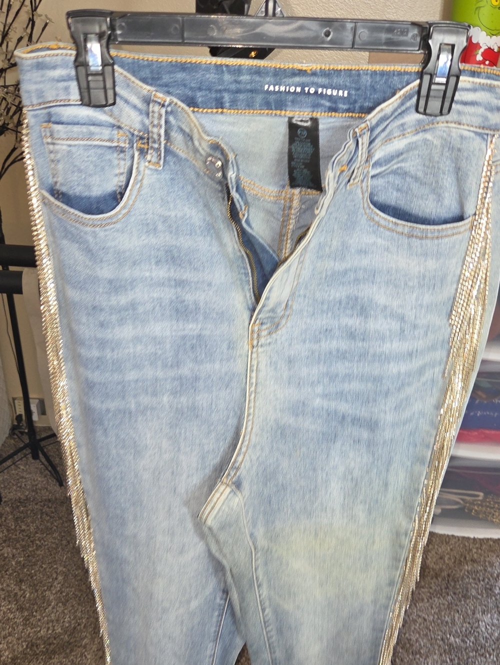 Fashion to Figure Light Wash Skinny Jeans with Gold Rhinestone Side Trim